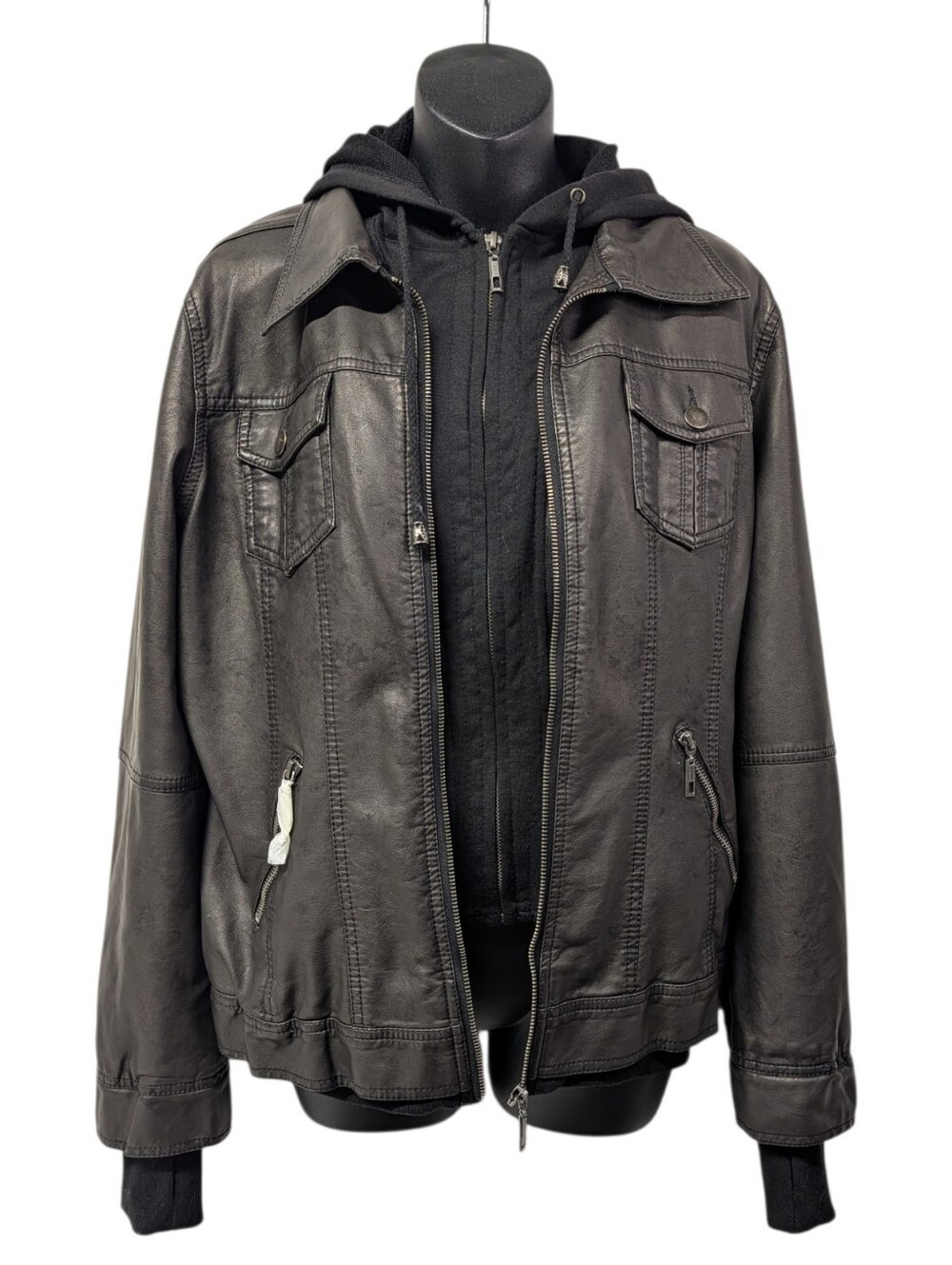 LA Coalition Women's Faux Leather Hooded Moto Jacket Black Brown XL Zip Up